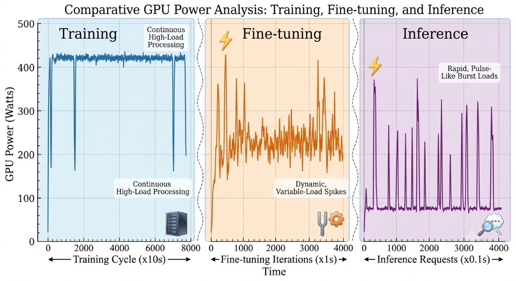Figure 2: Patterns of AI computing load during training, fine-tuning, and inference stages